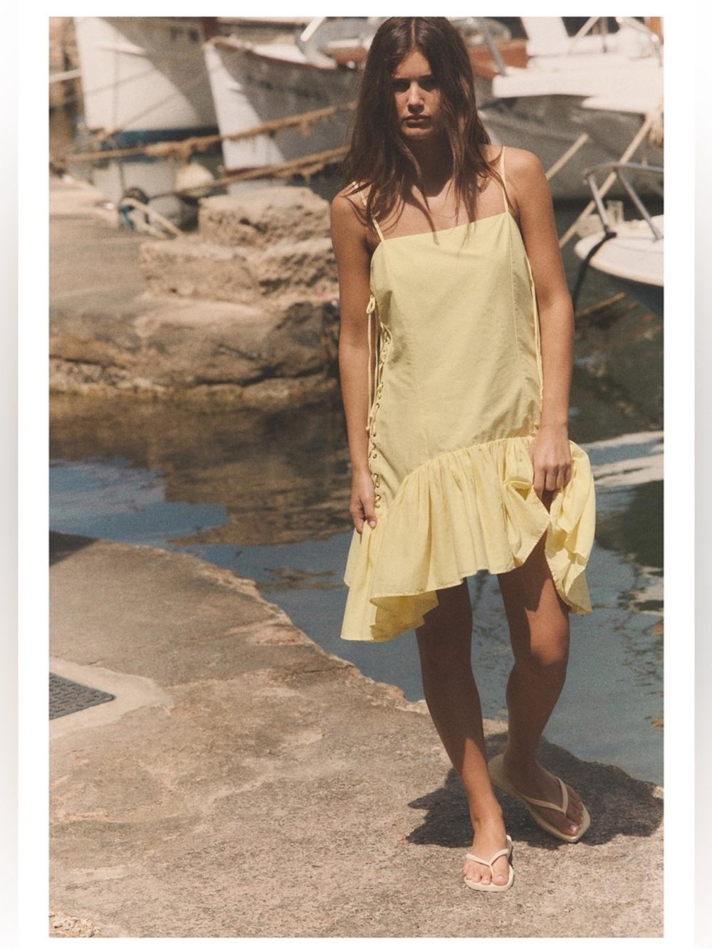 Zara Light Yellow Spaghetti-Strap High-Low Ruffle Dress - Picture 3 of 8